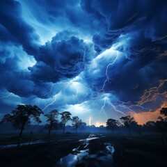 Majestic Lightning Storm Illuminating the Night Sky Over a Rural Landscape