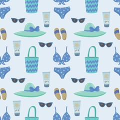 Products for the beach and recreation. A swimsuit, a hat with a brim, sunglasses, flip-flops, starfish and sand. Seamless vector drawing on summer and marine themes.