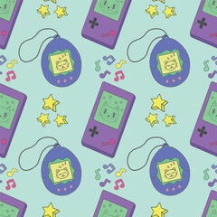 Seamless pattern featuring tamagotchi,game console