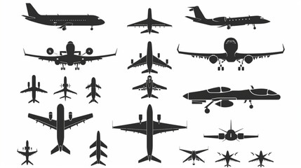 Airplane icons. Aircraft silhouettes flying jet, motor plane and drone military and commercial aviation pictogram. Aeroplane top view, air vehicles vector set 3D avatars set vector icon, white backgro