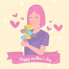 Cute girl character holding flowers Happy mother day Vector illustration