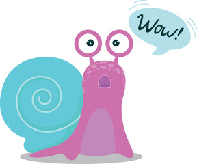 A cute surprised snail with the inscription wow. A cartoon character. Vector stock illustration. A cute surprised snail with a rolled-up shell. Kawaii cartoon character. Vector illustration.