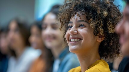 A close-up of the student's face. They are smiling and are looking interested in the lecture. The student is eager to learn and is enjoying the experience.