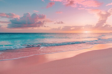 Beautiful beach with pink sand and calm sea water at sunset in Aruba island, Caribbean ocean landscape background.