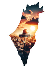 Silhouette of a Palestine map with a sunset in the background and Inside the map is the Dome of the Rock and Al Aqsa Mosque. Palestine Map illustration