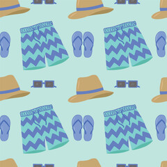 Beachwear, seamless pattern, vector. Men's shorts, swimming trunks, glasses and a hat on a light blue background. Stock illustration