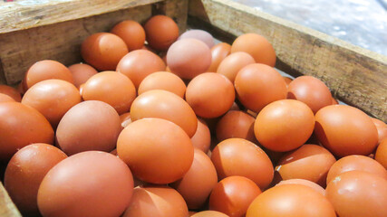 bunch of fresh brown chicken eggs in wooden crate ready to sell in the grocery market