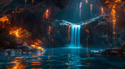 A magical cave with glowing lava, a waterfall and blue water in the center of it
