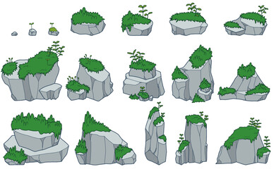 草の生えた岩の手描きイラストセット