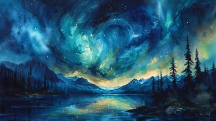 Illustrate the breathtaking beauty of the Aurora Borealis in a hyper-realistic watercolor artwork