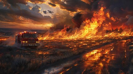 Produce a detailed long shot image of a controlled burn operation where firefighters strategically set fires to prevent larger blazes