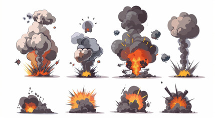 Bomb explosion. Cartoon dynamite explosions effect, fire and explosive clouds. Destruction bombs flame. Comic danger boom clouds for digital game. 3D avatars set vector icon, white background, black c
