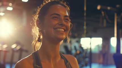 woman in a gym environment, dressed in sportswear, with a radiant smile as she lifts weights or performs exercises 