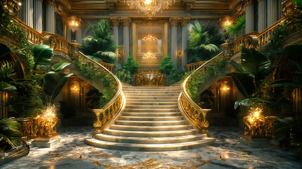 The interior of a luxury home with entrance of large curve stairs decorated with gold accents, tropical plants and crystal chandelier