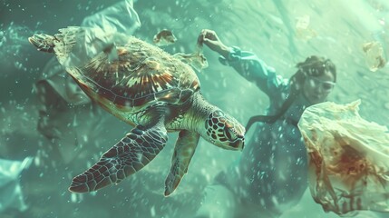 Obraz premium the volunteer carefully removing a plastic bag tangled around a sea turtle or seabird, with a poignant reminder of the devastating effects of pollution on marine wildlife, inspiring viewers 