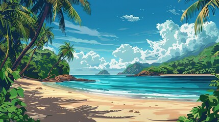Naklejka premium Breathtaking Ocean Views, Pristine White Beaches, and Towering Palm Trees Under a Bright Summer Sky