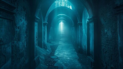 Mystical footpath winding through dungeon-like corridors, leading to an unknown, dreamlike school, nightmare concept