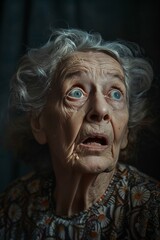 A portrait of an elderly woman with a scared expression. Her eyes are wide and her mouth is trembling. She is frightened and terrified.