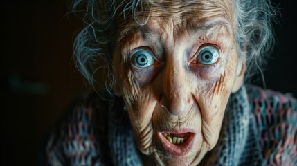 A portrait of an elderly woman with a scared expression. Her eyes are wide and her mouth is trembling. She is frightened and terrified.