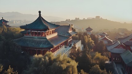 Lama temple in Beijing, China on a misty morning