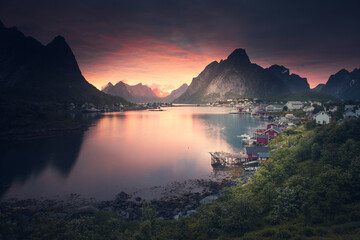 Majestic sunset over lofoten fishing village