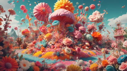 A huge colorful landscape with different kinds of objects on top of it, in the style of floral explosions, dreamlike installations, candycore, hybrid creature compositions, photorealistic compositions