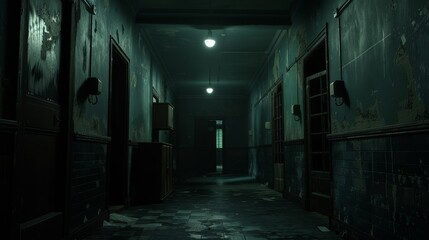 Detailed and creepy shot of a dungeon-like school hall, shadowy corners and flickering lights, creating a mystical nightmare ambiance