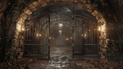 Detailed 3D rendering of a medieval dungeon with heavy stone walls, intricate iron gates, and flickering torches