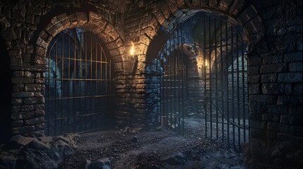 Detailed 3D close-up of a medieval dungeon's rugged stone arches and barred gates, illuminated by eerie torchlight