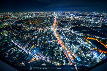 Electric nights: aerial view of city skyline