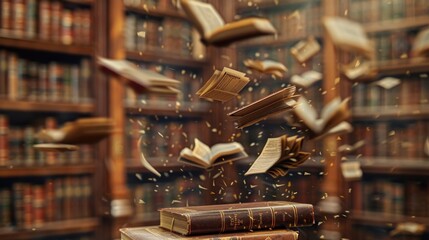 A stack of old books and flying book pages against the background of the shelves in the library. The books are leather-bound and have gold lettering on their spines. 