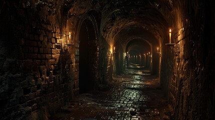 Dark, torch-lit medieval catacombs, shadows and grim stone corridors stretching endlessly, conjuring a nightmarish atmosphere