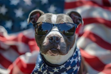 Gray pit bull terrier wears funny glasses on the background of the American flag.