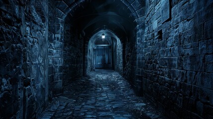 Dark and mysterious footpath through dungeon-like corridors, hinting at a nightmarish journey, mystical school concept