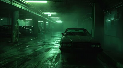 Dark, eerie parking garage with old-school cars, close-up shot, emphasizing a dungeon-like vibe for a mystical nightmare scene