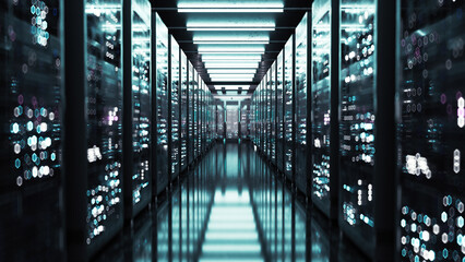 Futuristic data center hallway with blue lights