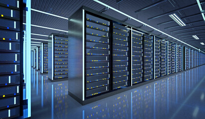 Modern data center with rows of server racks