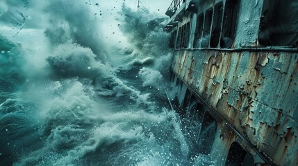 Close-up shot of a ship sinking, its deck nearly underwater as waves splash over, captured in dramatic detail