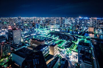 Vibrant city night lights panorama