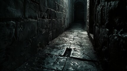 Close-up of an ancient footpath through a shadowy school dungeon, casting an eerie mystical atmosphere, nightmare journey