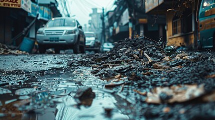 Naklejka premium Atmospheric close-up of urban street debris, highlighting the grimy street surface with vehicles and structures in the background