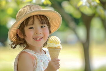 夏の暑い日にアイスクリームを食べる女の子
