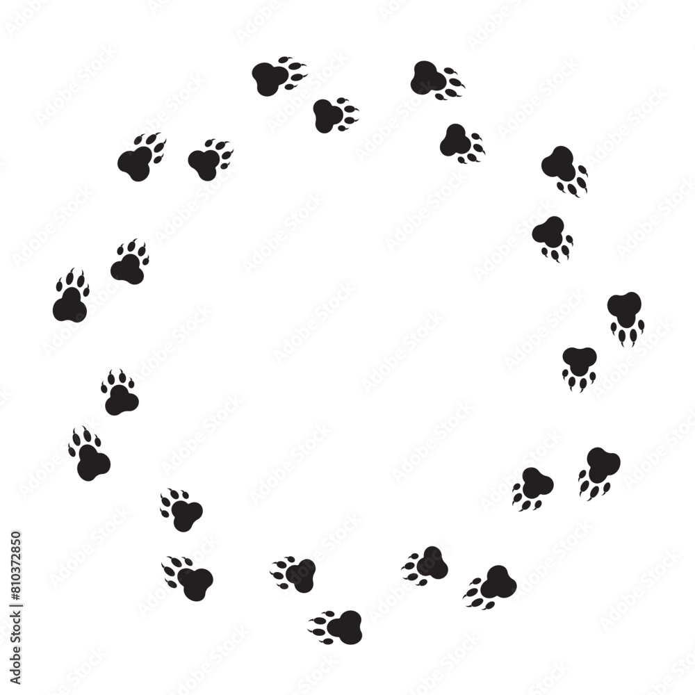 Poster animal paw prints circle. vector circular track pattern.