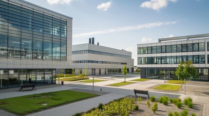 A view of the factory from the outside. The factory is a large, modern building. The windows are clean, and the grounds are well-maintained. The factory is located in a business park