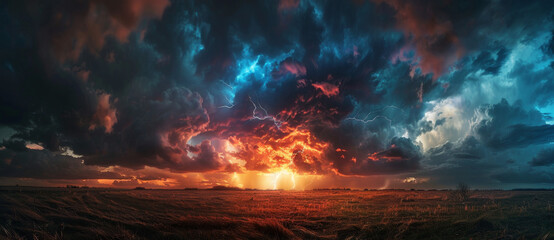 dramatic thunderstorm with lightning in the sky over an expansive landscape.