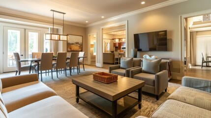 A view of the living room from the dining room. The living room has a beige wall, and it is furnished with a sofa, coffee table, and armchairs.