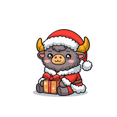 Cute bison in santa uniform holding gift box, for Christmas celebration. bull in xmas costume, funny stickers for advertising, and creative content