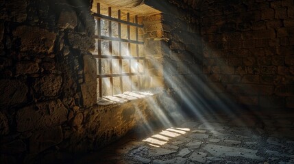 An ancient castle dungeon, with a close-up view of a light beam shining through a barred window, revealing cobblestones and rough walls