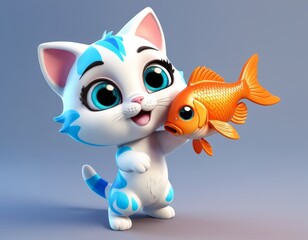 3D Cute Cat holding fish 