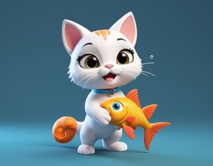 Obraz premium 3d cartoon cat holding fish 